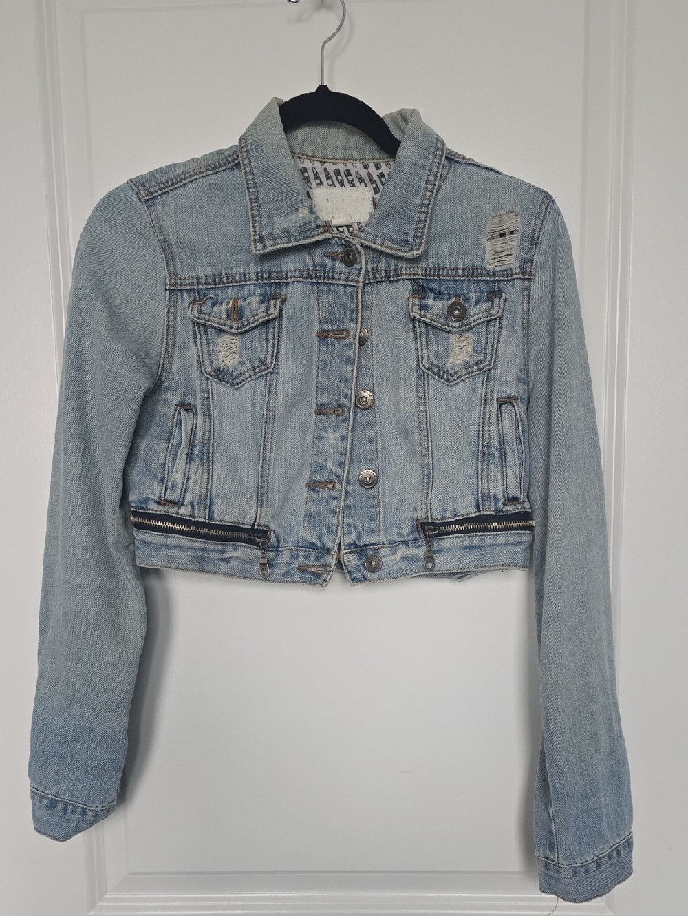 Dollhouse Light Blue Cropped Distressed Denim Jacket